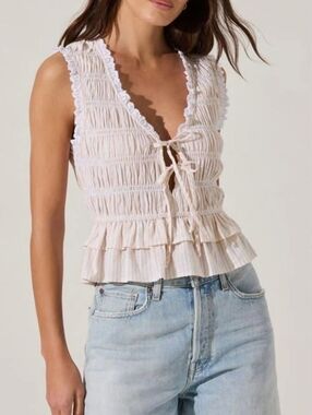 ASTR The Label-Nordstrom Tie Front Ruched Top In Light Blue& White Stripe
